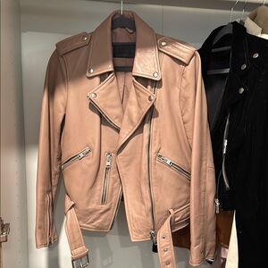All Saints Pink Leather Biker Jacket with Silver Hardware